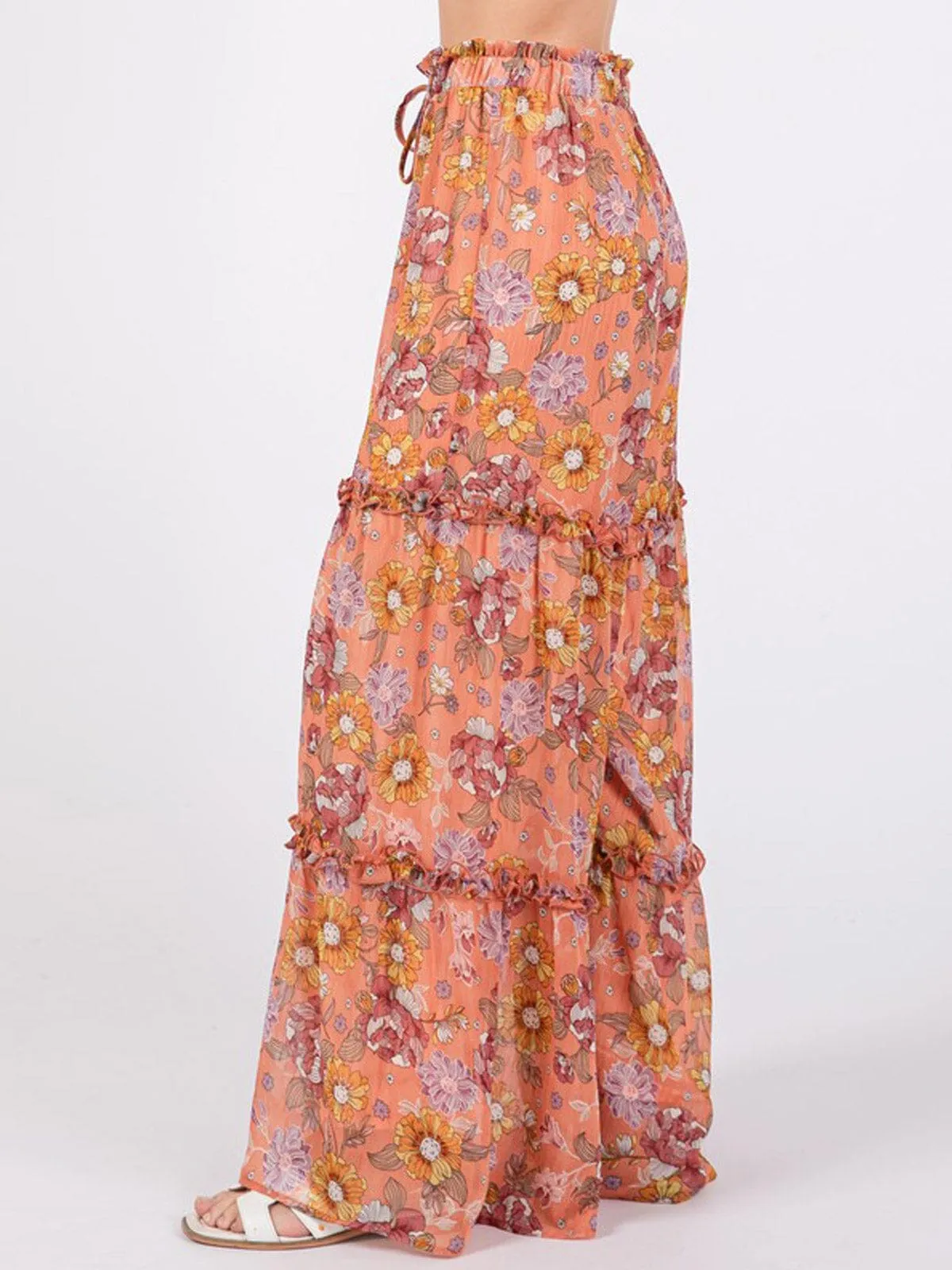 WOMEN'S ELASTIC WAIST TIERED WIDE LEG FLORAL PANTS