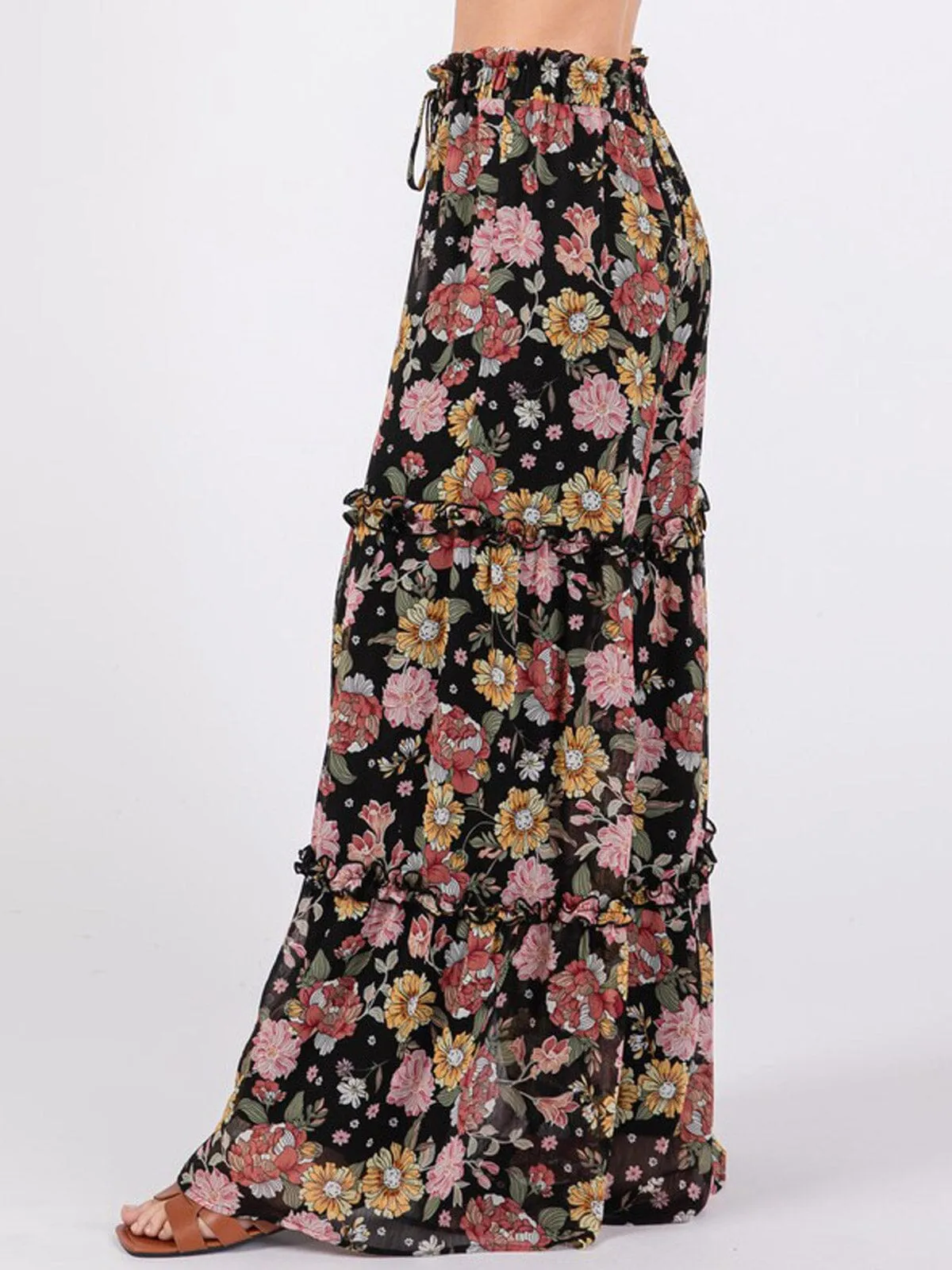 WOMEN'S ELASTIC WAIST TIERED WIDE LEG FLORAL PANTS