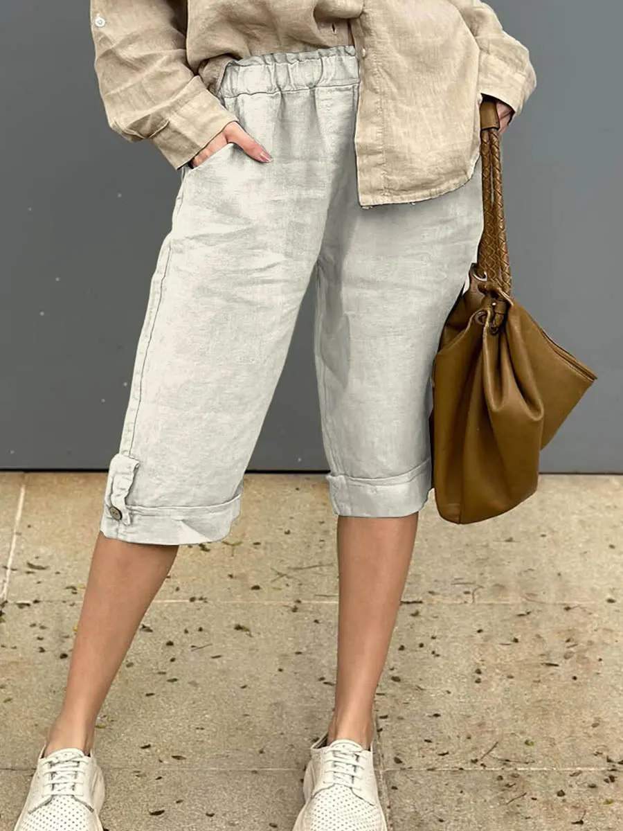 Women's Solid Elastic Waist Casual Linen Capri Pants