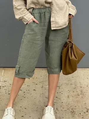 Women's Solid Elastic Waist Casual Linen Capri Pants