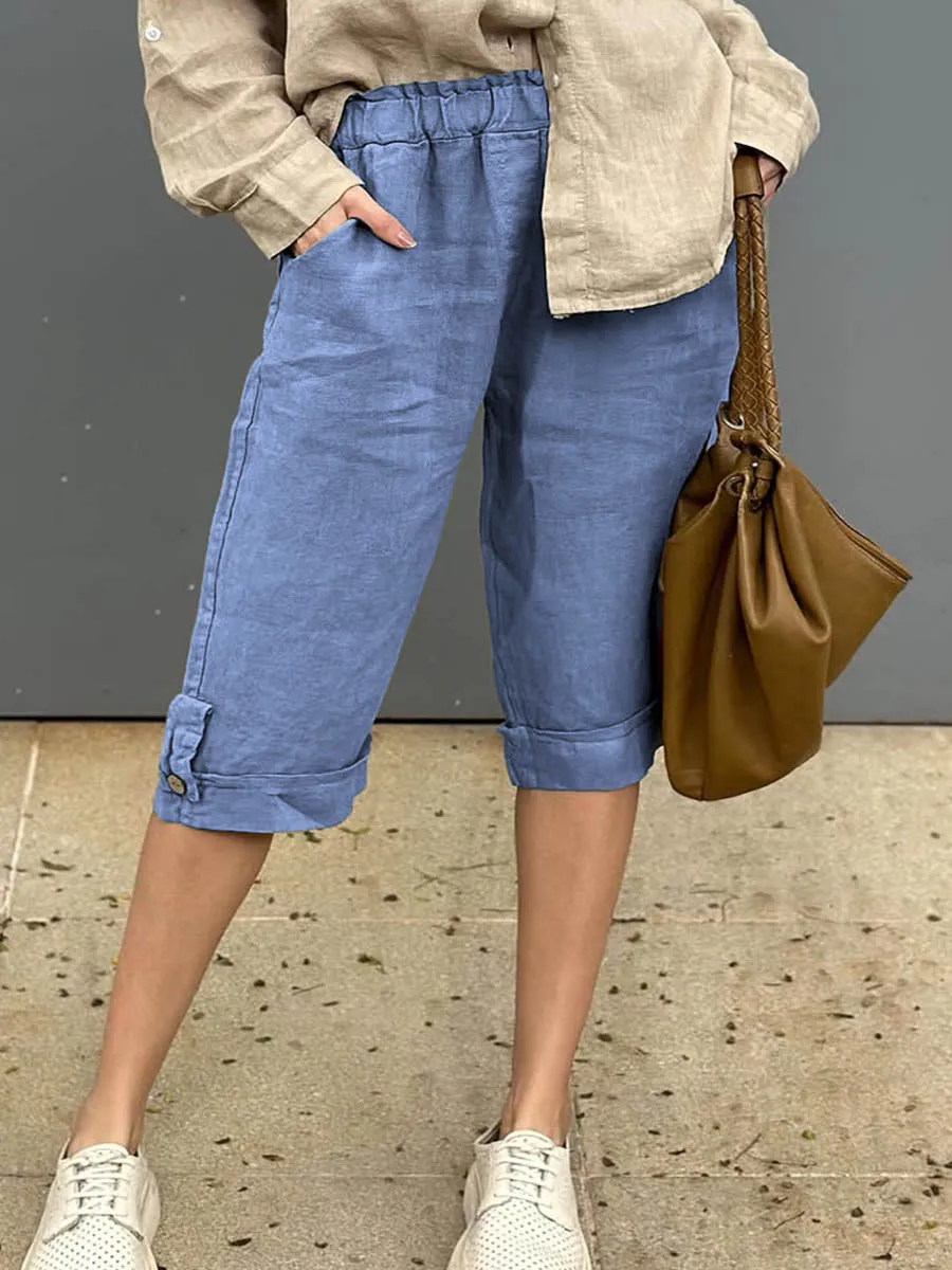 Women's Solid Elastic Waist Casual Linen Capri Pants