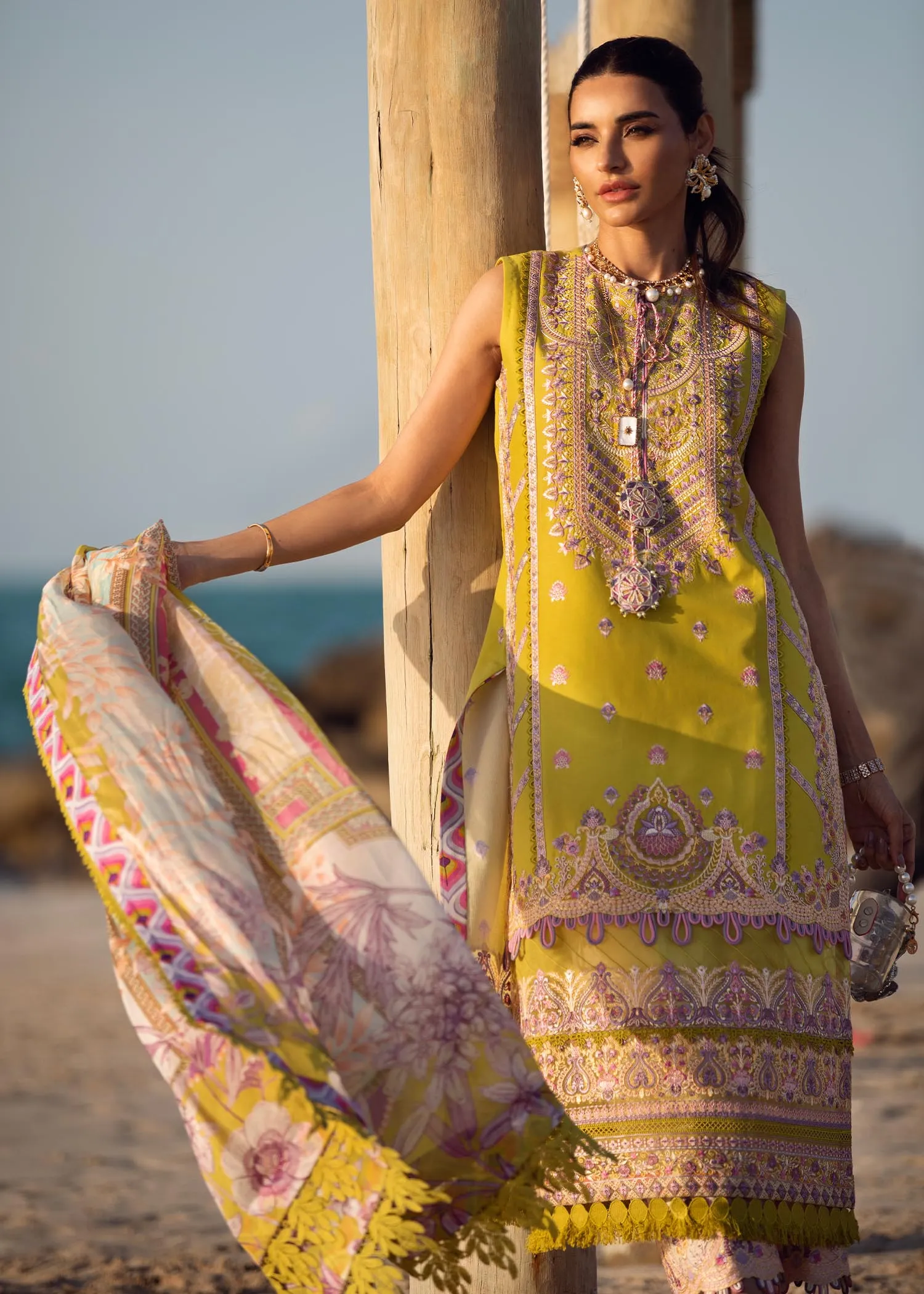 Yellow Lawn Kameez Capri Dupatta Pakistani Party Wear